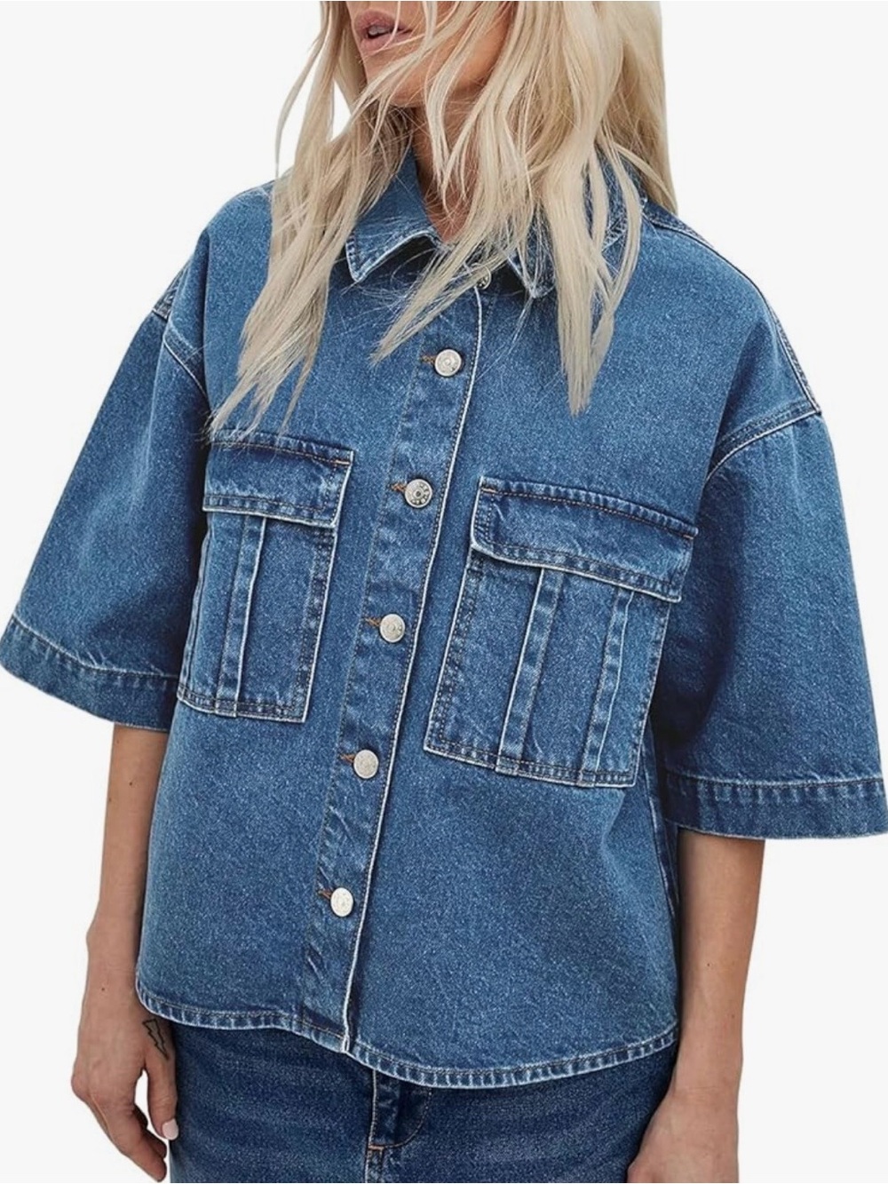 Amazon Blue Short-Sleeve Denim Jacket with Front Flap Pockets new no tags